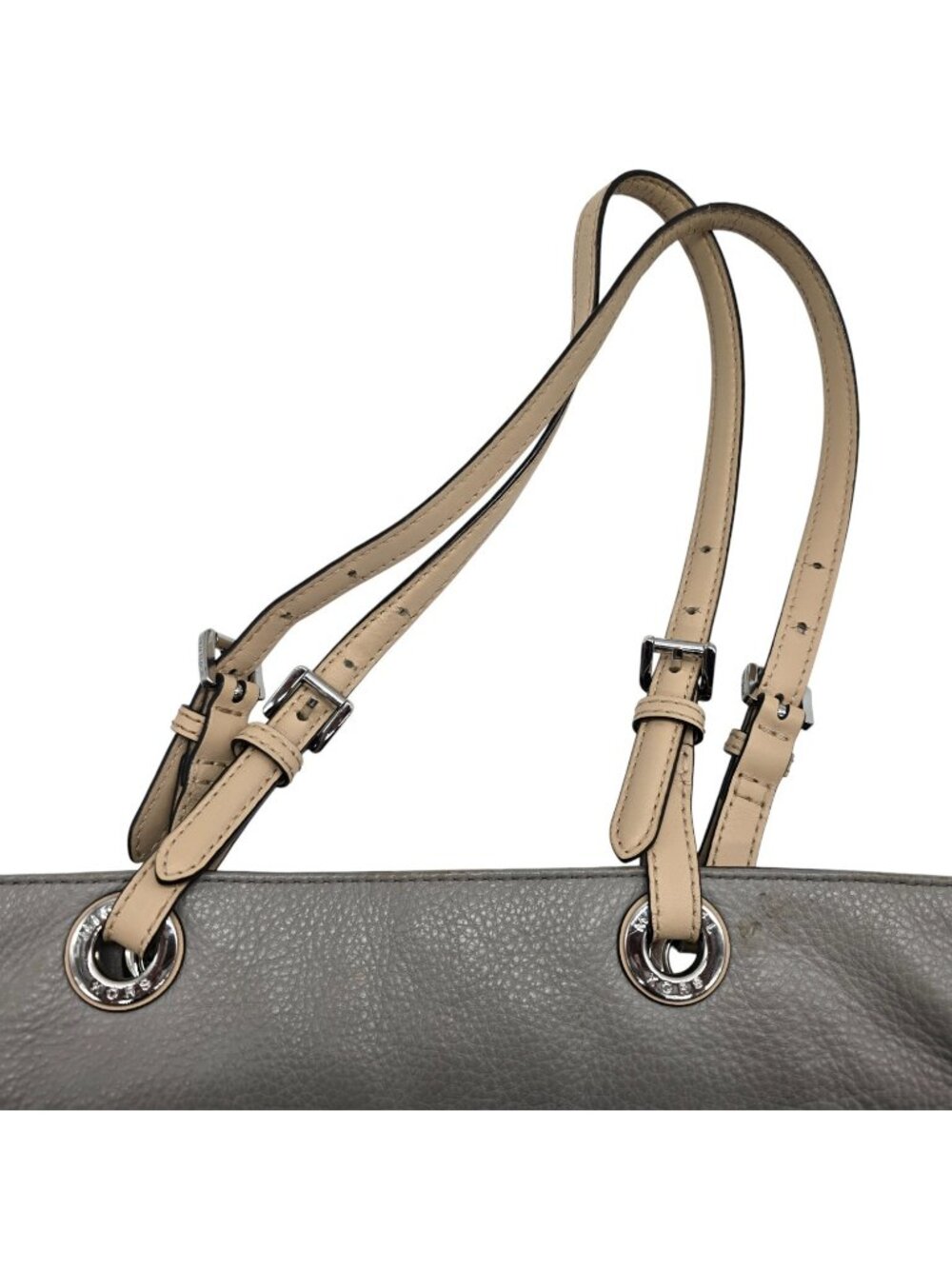 Michael Kors Pebbled Leather Shoulder Tote Bag Gray Taupe Silver Hardware Purse - Picture 6 of 16